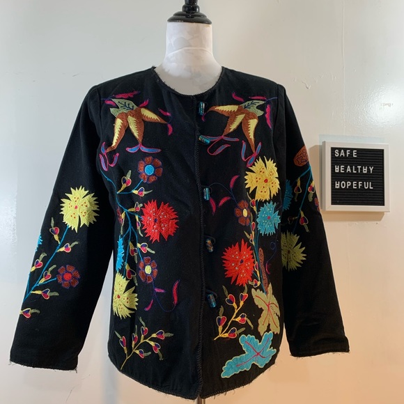 Alex Kim Vintage Hippie Black Colorful Floral Embroidered Shirt Jacket - Picture 2 of 9